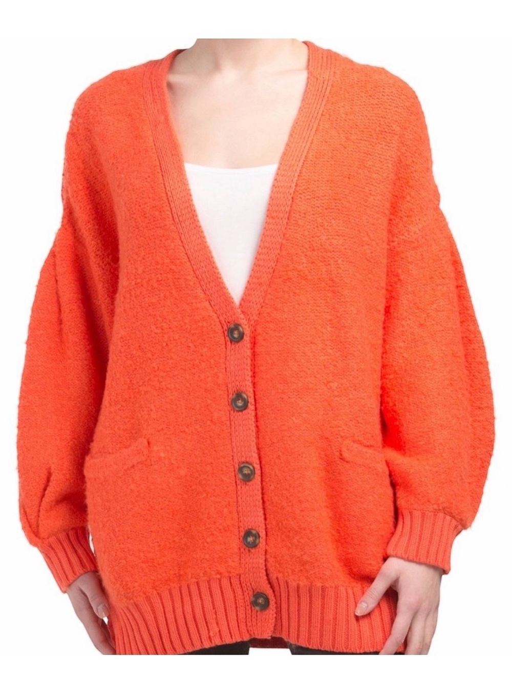 Free People Bright Orange Button-Up Relaxed Cardigan EUC
